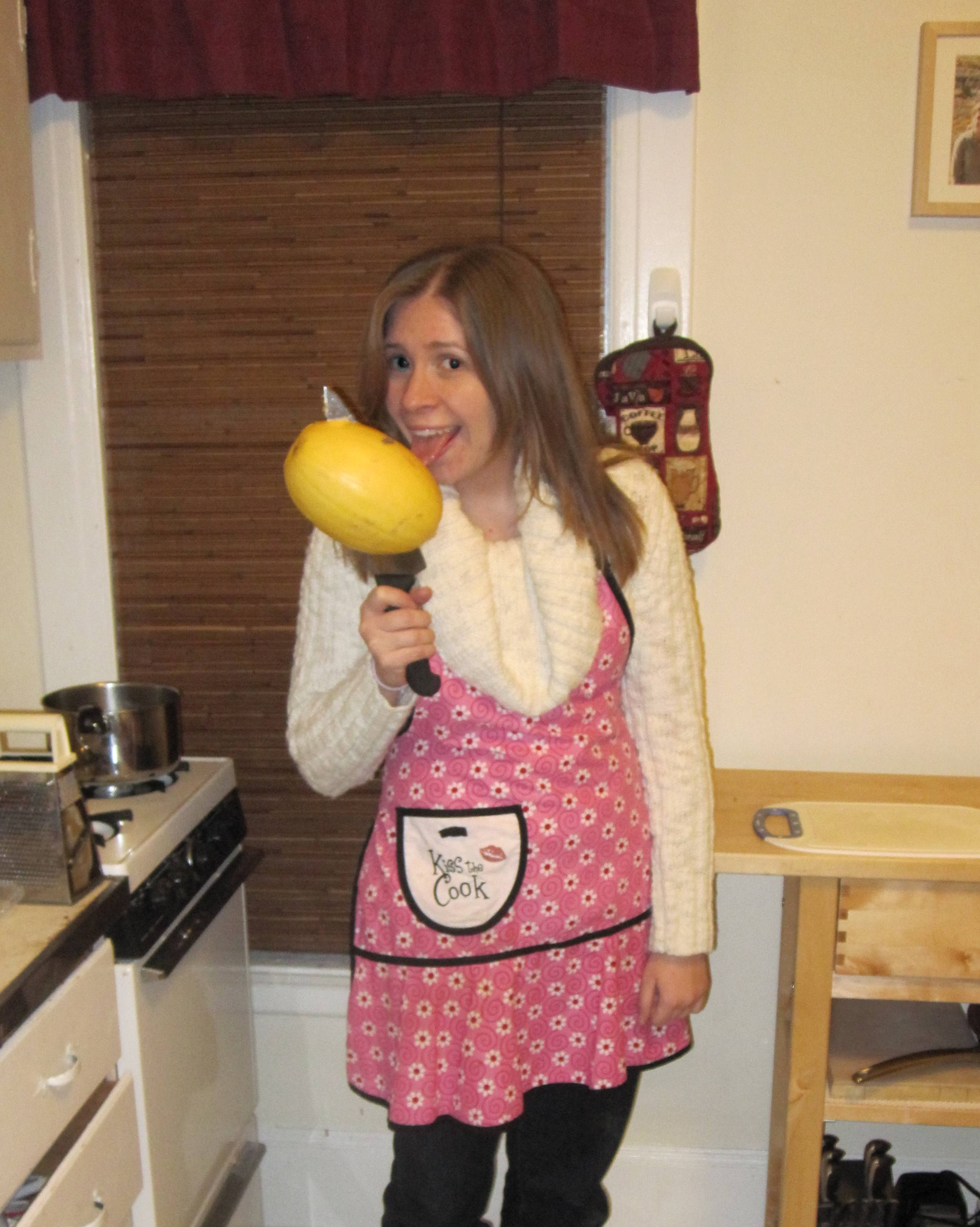 Karen licking a squash impaled on a knife