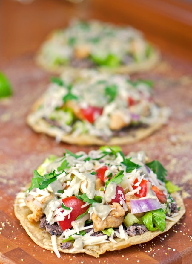 Chicken and Black Bean Tostadas with Avocado Cream Sauce