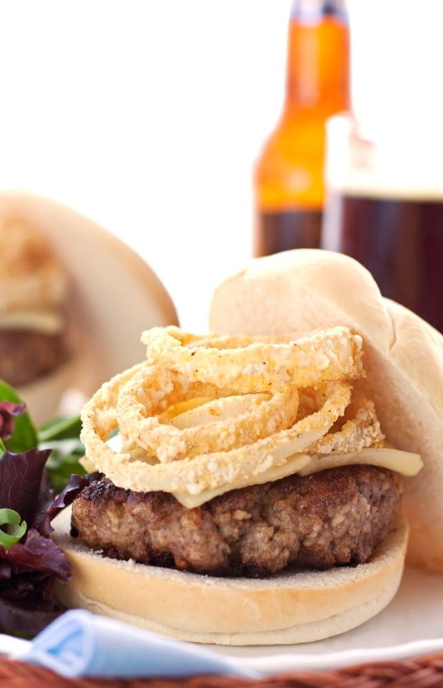 Cheeseburgers Topped With Healthy Baked Onion Rings - 2Teaspoons