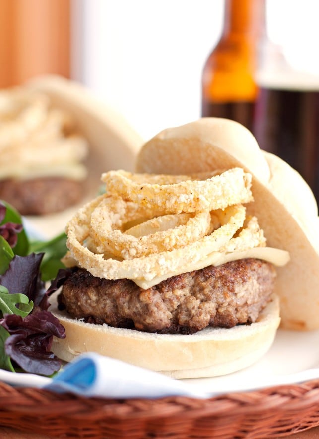 Cheeseburgers Topped With Healthy Baked Onion Rings