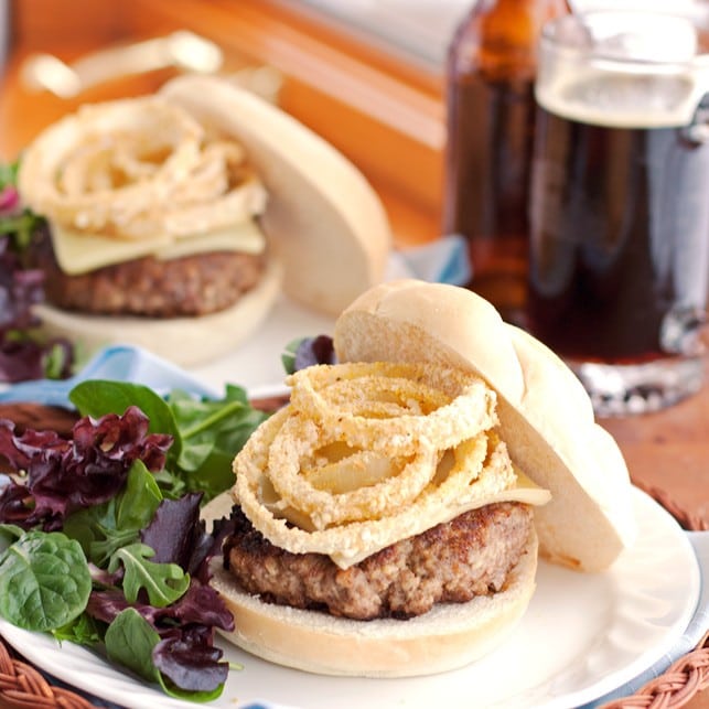 Cheeseburgers Topped With Healthy Baked Onion Rings - 2Teaspoons