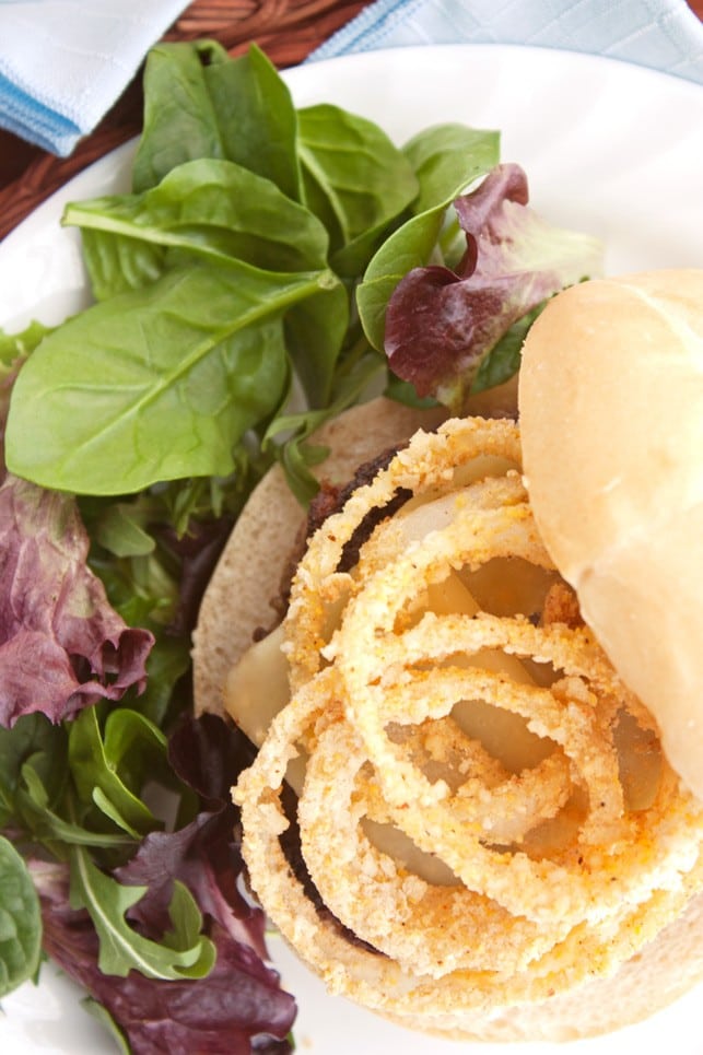 Cheeseburgers Topped With Healthy Baked Onion Rings - 2Teaspoons