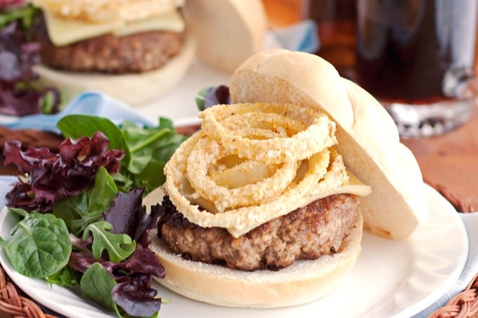 Cheeseburgers Topped With Healthy Baked Onion Rings - 2Teaspoons