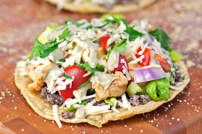 Chicken and Black Bean Tostadas with Avocado Cream Sauce - 2Teaspoons