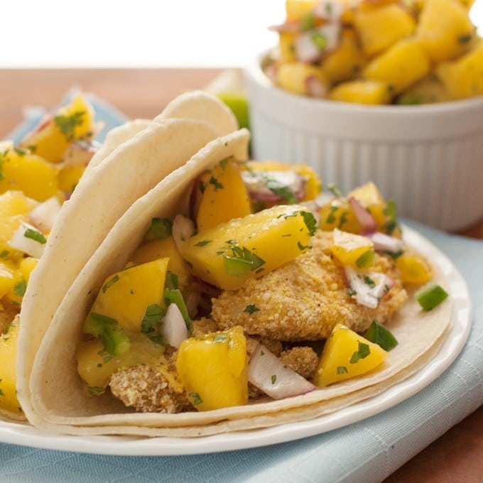 Cornbread Fish Tacos with Mango Salsa - 2Teaspoons