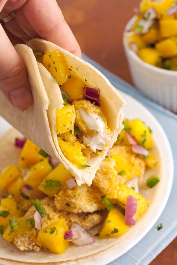 Cornbread Fish Tacos with Mango Salsa - 2Teaspoons