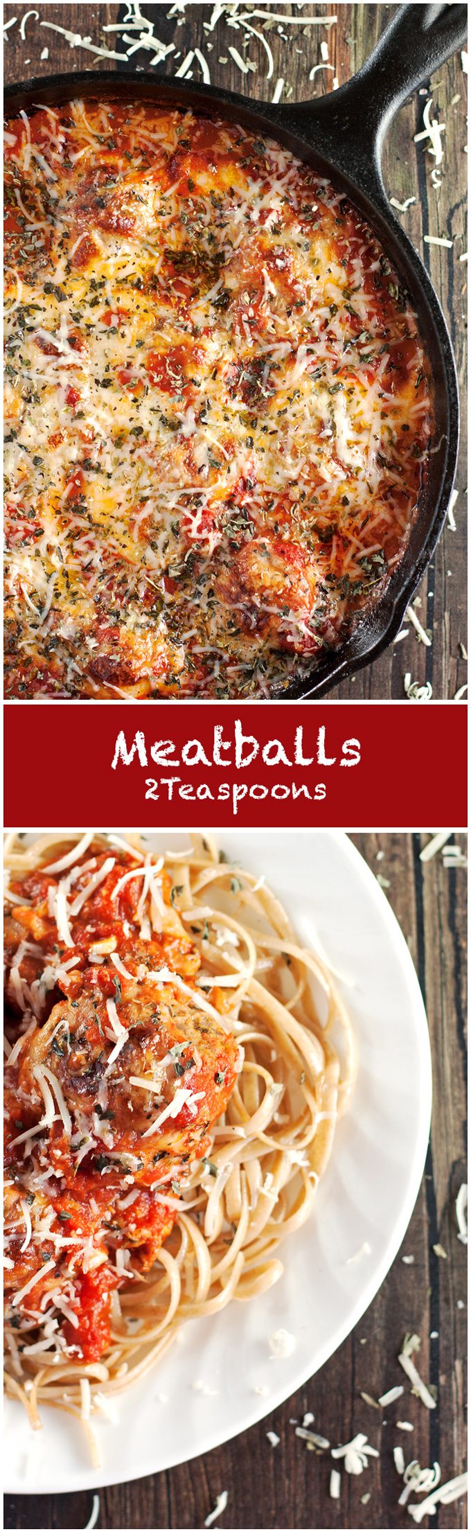 Meatballs covered in homemade tomato sauce and smothered with melted cheese. We LOVE this hearty, meaty, tomato-y, cheesy, awesome, classic dinner recipe - 2teaspoons.com