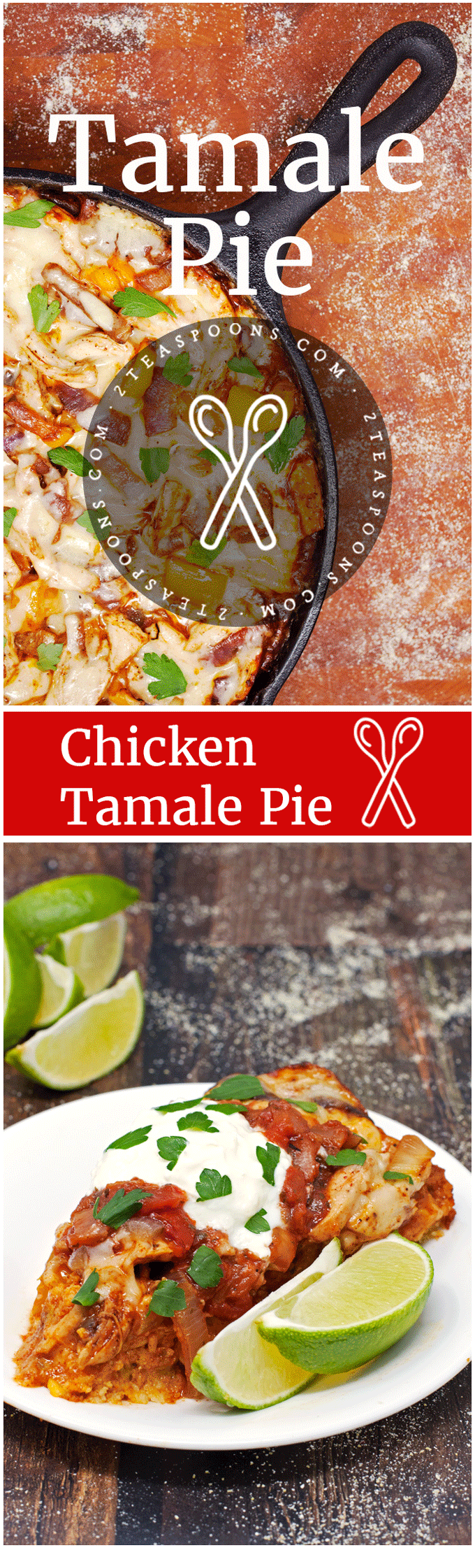 Chicken Tamale Pie: One-skillet, easy chicken tamale pie recipe with layers of cornbread, enchilada sauce, chicken and cheese, baked until melty and topped with your favorite taco fixings! - 2teaspoons.com