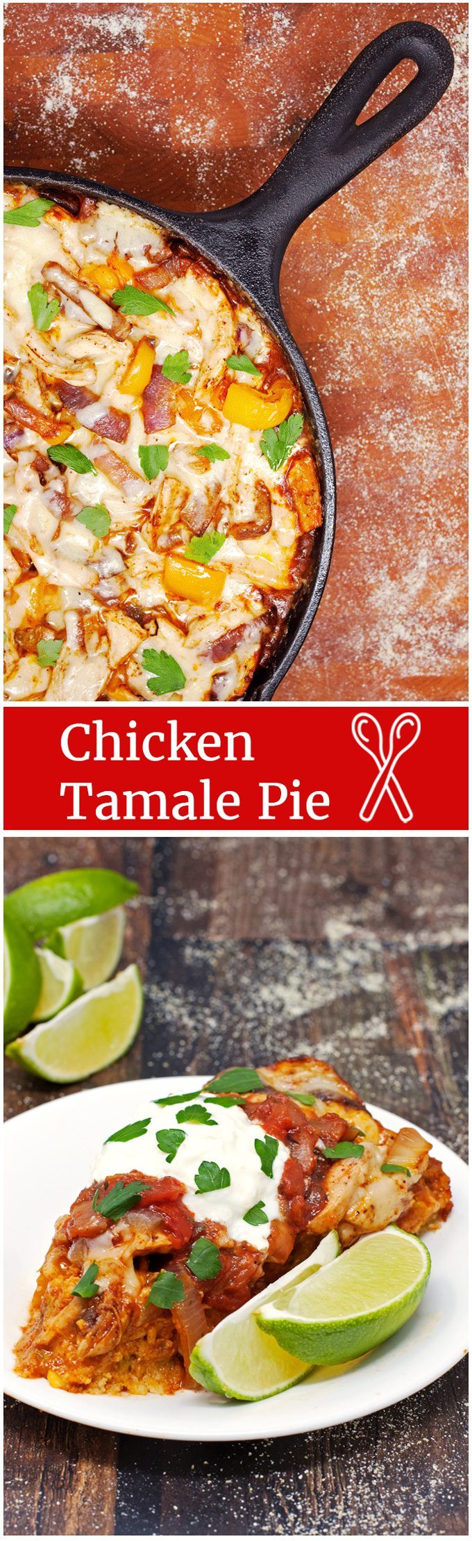 Chicken Tamale Pie: One-skillet, easy chicken tamale pie recipe with layers of cornbread, enchilada sauce, chicken and cheese, baked until melty and topped with your favorite taco fixings! - 2teaspoons.com