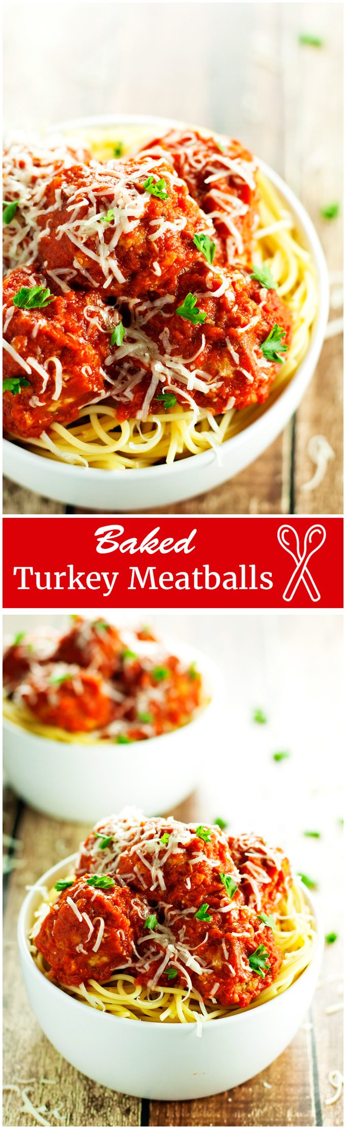 baked turkey meatballs served over spaghetti, smothered in homemade tomato sauce and topped with parmesan cheese.