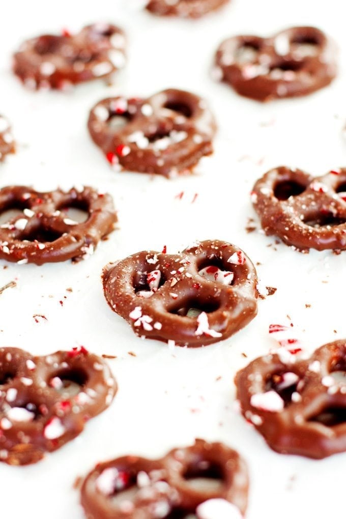 semi-sweet chocolate peppermint pretzels topped with crushed candy canes