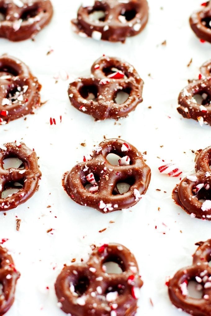 chocolate peppermint pretzels covered in rich chocolate and topped with crushed candy canes