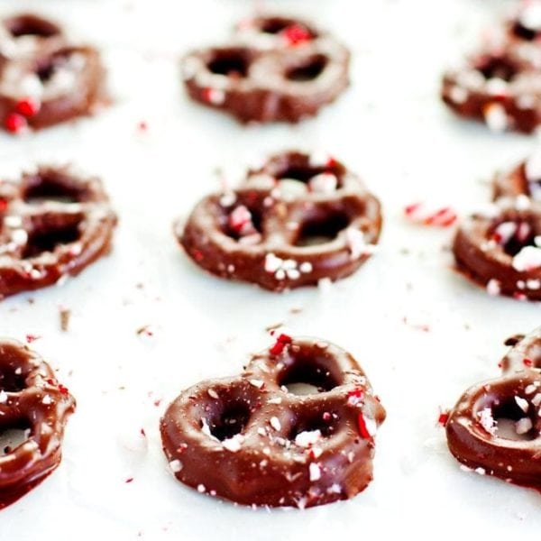 chocolate peppermint pretzels covered in rich chocolate and topped with crushed candy canes