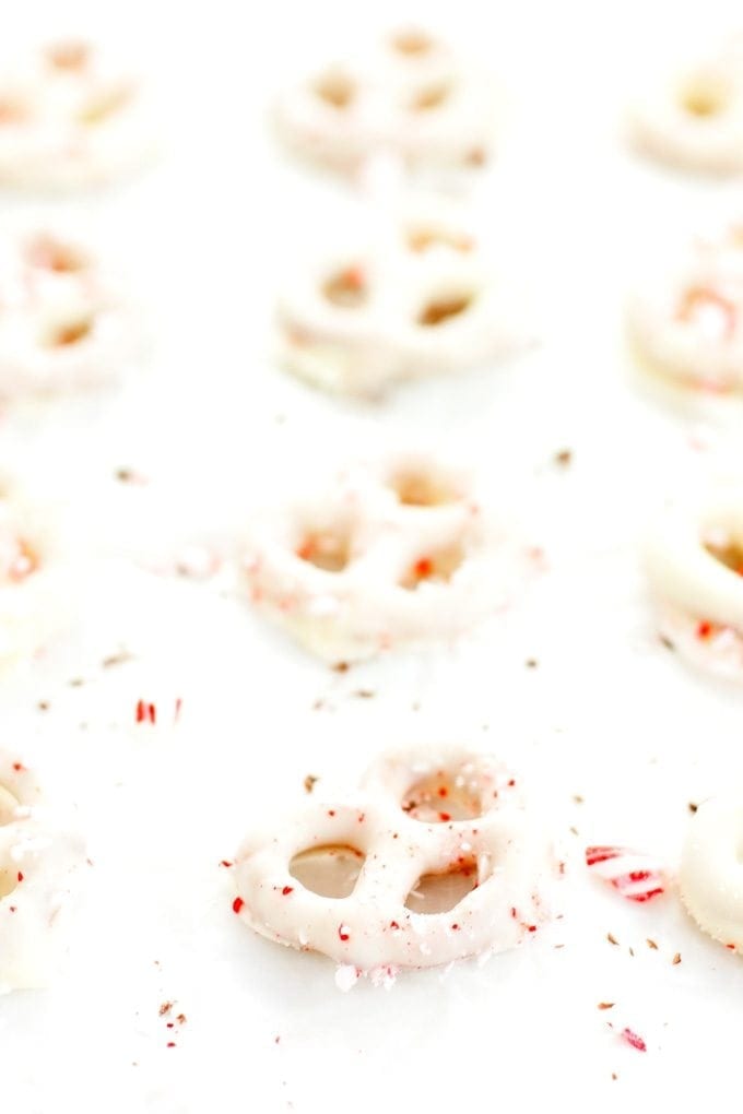 white chocolate peppermint pretzels topped with crushed candy canes