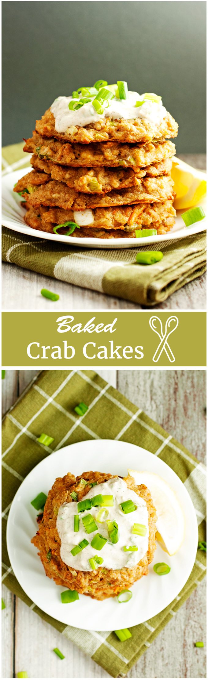 Baked crab cakes, stacked and served.