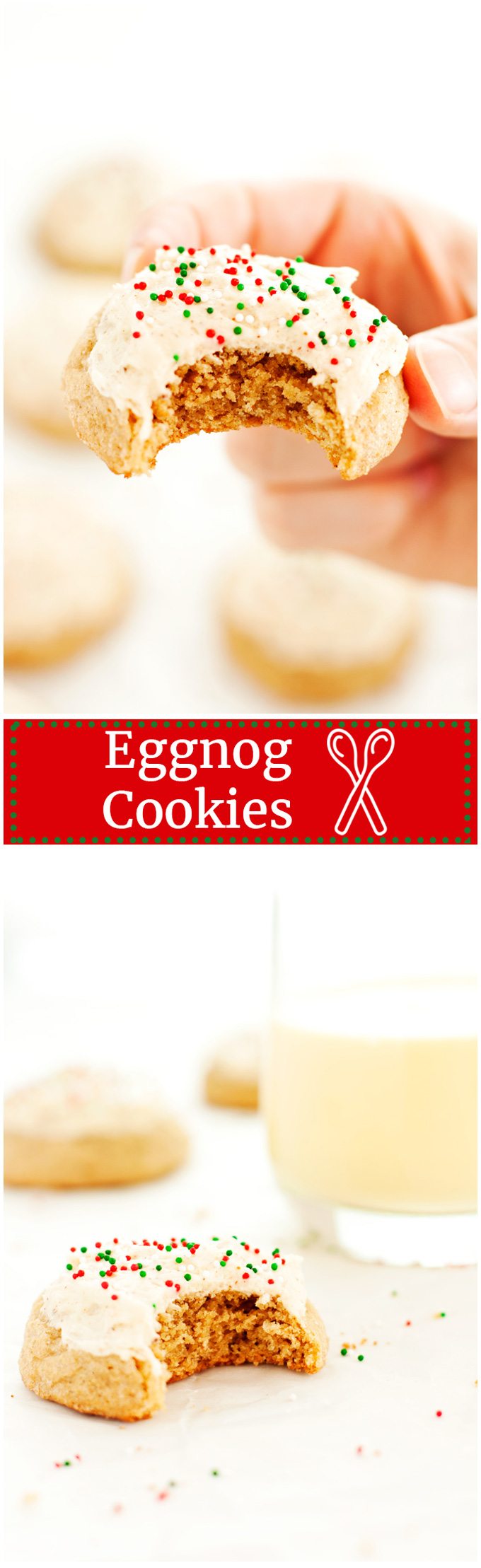 Eggnog cookies frosted with nutmeg and covered in festive red and green sprinkles