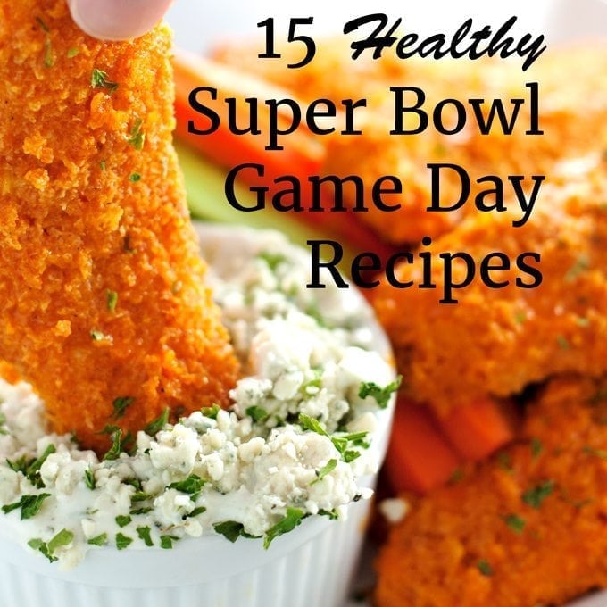 healthy super bowl game day recipes, baked buffalo chicken tenders dipped in blue cheese