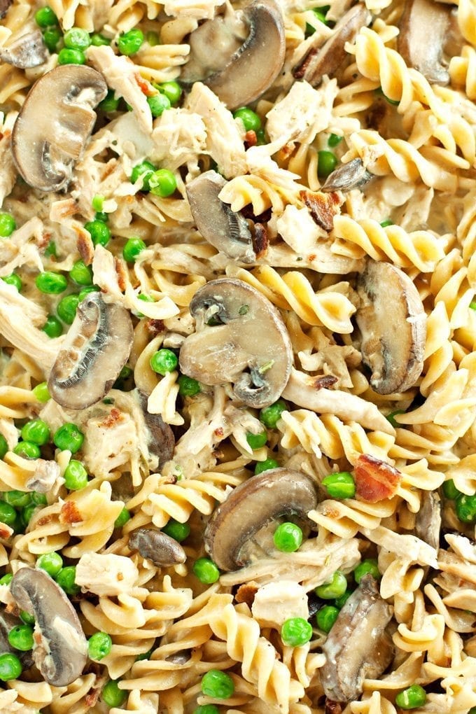 close up of chicken tetrazzini packed with chicken, mushrooms, peas, and bacon.