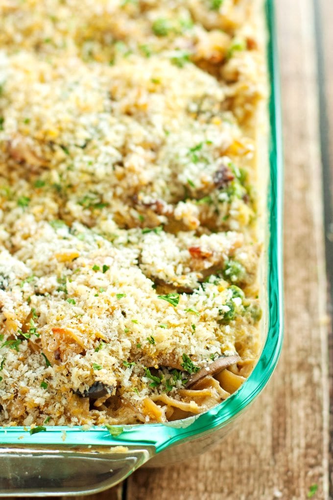 chicken tetrazzini in a baking dish fresh from the oven and covered with toasted buttery breadcrumbs. 