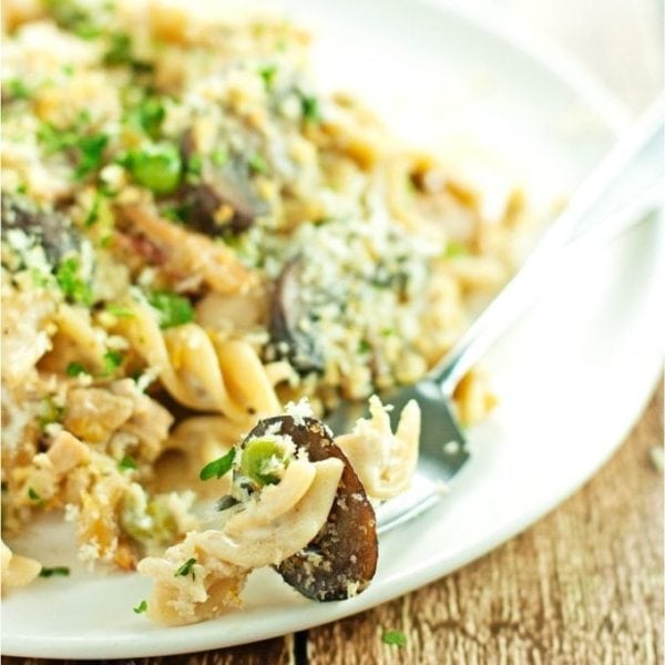 plate and fork full of chicken tetrazzini. Dinner is served!