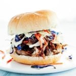 tender juicy bbq pulled pork sandwich topped with colorful purple cabbage and shredded carrots