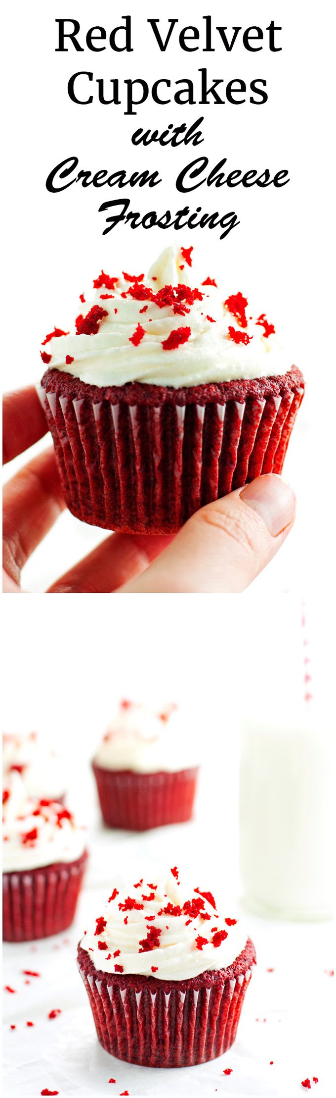 red velvet cupcakes topped with cream cheese frosting and cupcake crumbs. Ready to eat with a jug of ice cold milk