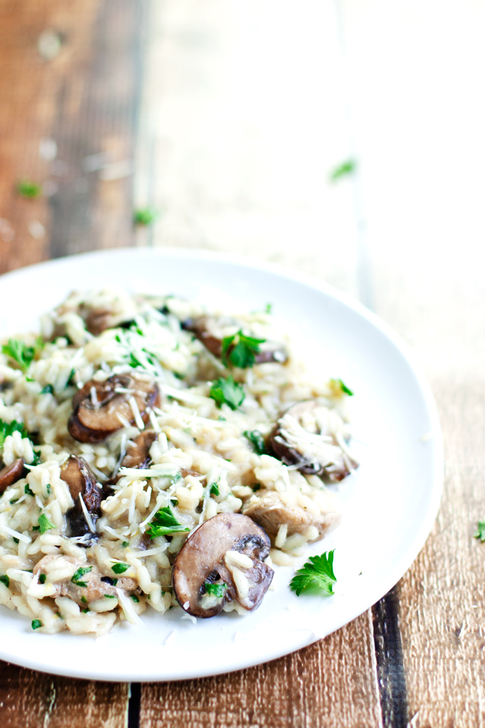 plate of creamy chicken and mushroom risotto